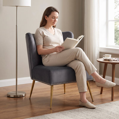 Fauteuil de chambre imprimé bleu avec pieds en métal et garniture cloutée, fauteuil d'appoint sans accoudoirs pour petits espaces, fauteuil d'appoint rembourré moderne pour le salon de la chambre à coucher