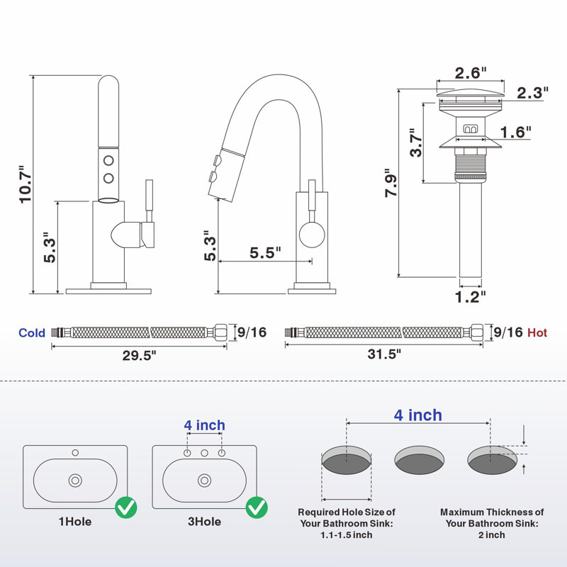 Axia Pull-Down Sprayer Bathroom Faucet With Pop-Up Drain & Deck Plate, Brushed Nickel
