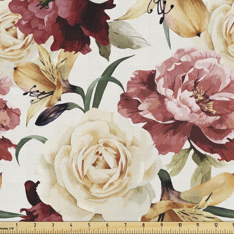 Antique Oriental Fabric by the Yard, Repeating Peony Flower Curvy