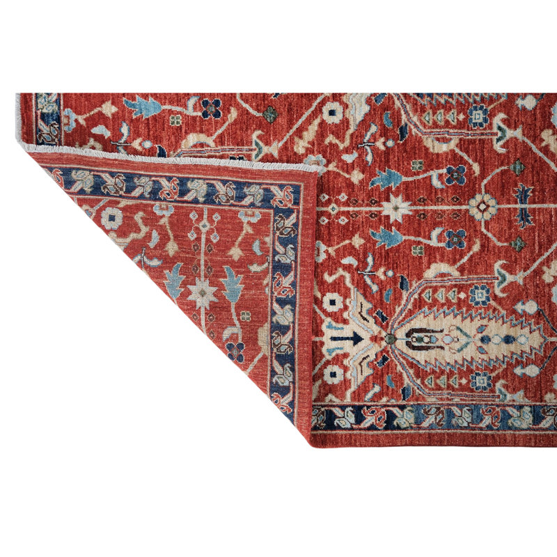 Hand Knotted Wool Area Rug in Red And Navy
