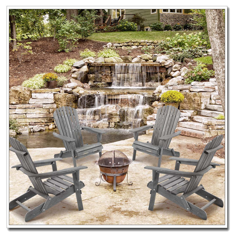 Solid Wood Folding Adirondack Chair Set of 2, Weather-Resistant Outdoor Lounge with Foldable Design, Gray