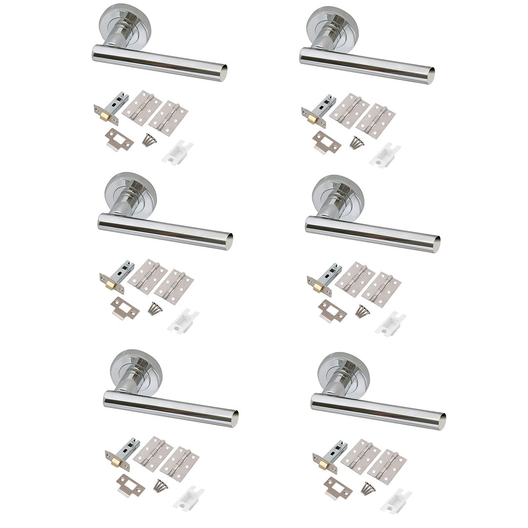 6 Sets T-Bar Door Handles on Round Rose in Polished Chrome with Hinges and Tubular Latch