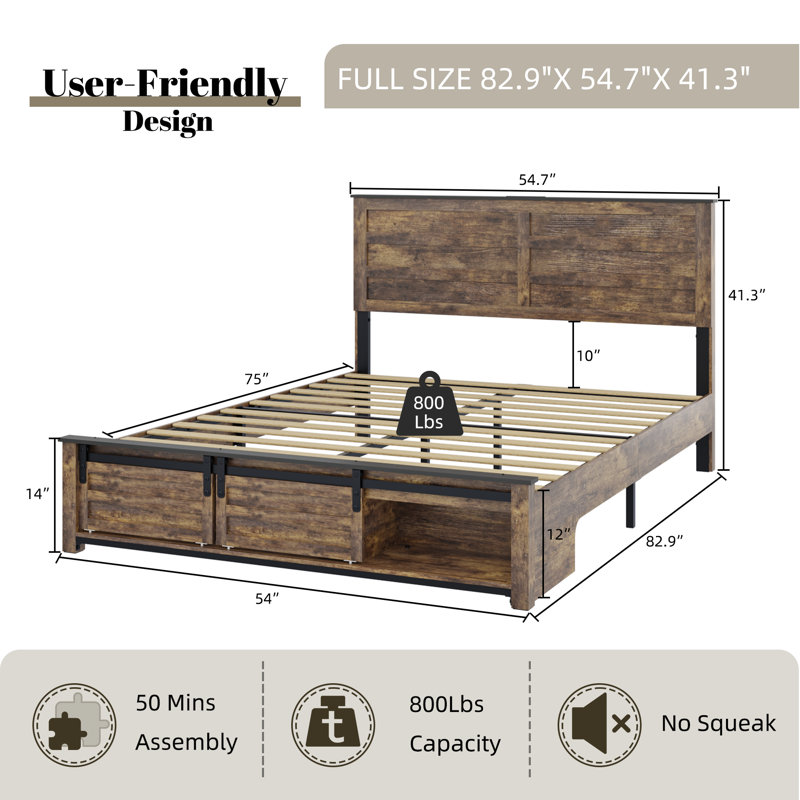Farmhouse Wood Bed Frame, Sliding Barn Door Footboard Storage Cabinets,Including Charging Stations And LED Lights, Full