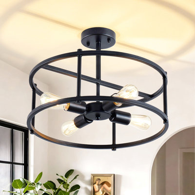 Plafonnier industriel semi-encastré, plafonnier rustique en métal 4 lumières, lustre noir de style campagnard pour îlot de cuisine, couloir, entrée, salon, chambre à coucher