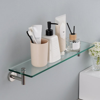 20 Inches Rectangular Tempered Glass Shelf Wall Mount With Polished Stainless Steel Bracket
