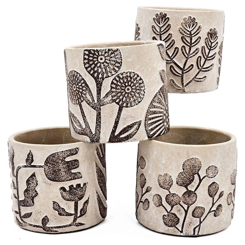 Of 4, Gray Sand - Cement Planters, Brown Botanical Designs, Home Decor And Planter Of 4.3X4.3X4 Inches, Elements For Room