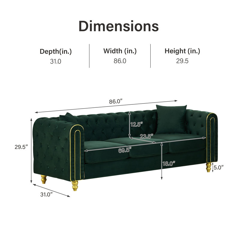 3-Seater Velvet Sofa, Chesterfield Upholstered Couch With Rolled Arms, Gold Trim & Solid Wood Legs, Removable Cushions For Living Room