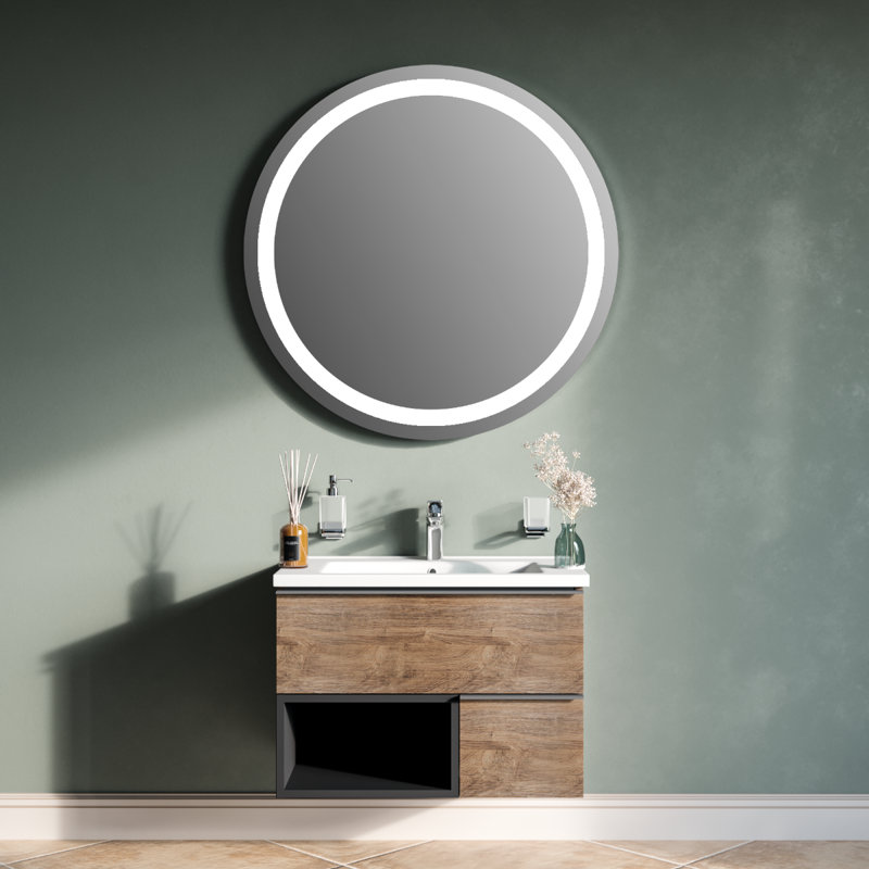 Meuble-lavabo sur pied simple avec plateau en céramique et miroir 26 po Jakkson