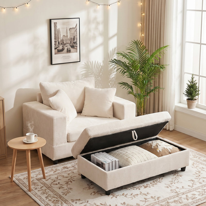 Méridienne rembourrée avec repose-pieds amovible Bonur, Repose-pieds avec rangement, Beige