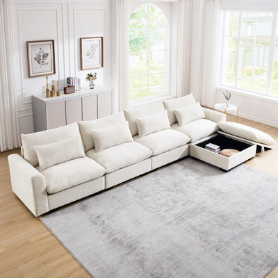 Canapé modulaire en L en velours côtelé beige avec assise profonde, rangement et coussins intégrés et 4 coussins
