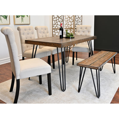 6 tables à manger: table en épingle à cheveux, 4 chaises, banc, magnifique nuance foncée: beauté rustique en métal rectangulaire