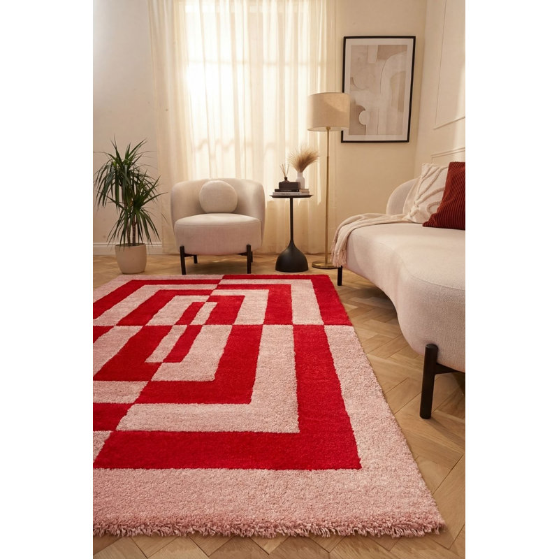 Joli Geometric Area Rug Soft Dense Pile for Living Rooms and Bedrooms, Rectangle 120 x 170 cm, Red/Pink