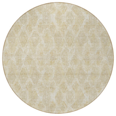 8' Beige Taupe And Tan Round Geometric Washable Indoor Outdoor Area Rug