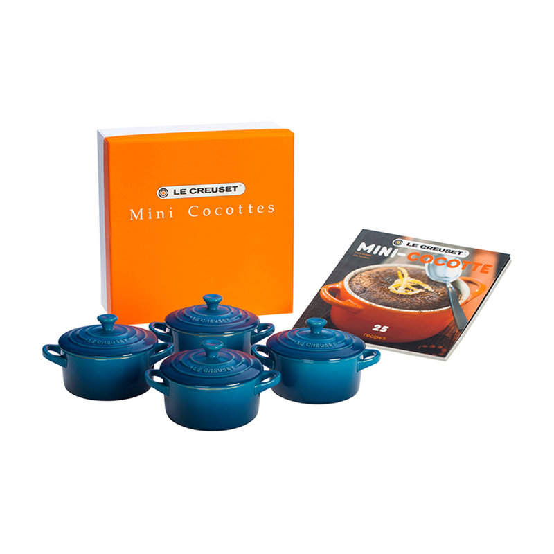 Le Creuset Stoneware Set of 4 - 8 oz. Mini Round with Lids and Cookbook, Marseille