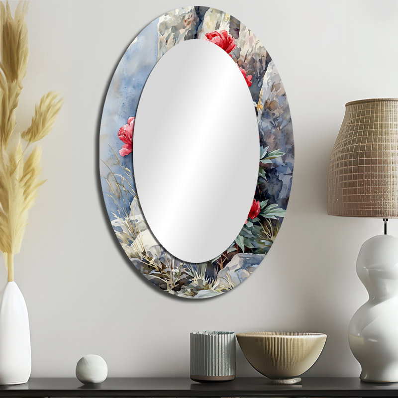 Pe pivoines par The Rocky Outcrop II - grand miroir mural ovale sur métal, 36 po x 24 po