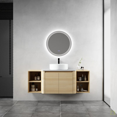 54'' Wall-Mounted Bathroom Vanity With Ceramic Art Sink, And 2-Storage Shelves, 2-Soft-Close Door, KD-Packing, Plywood