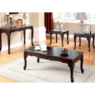 Dark Cherry 3 Traditional Coffee Table In Solid Wood With Legs And Detailed Design Element Ornament, 1 2 End Tables For Main Living Decor Space Zone Finish Elaborate Pattern Detail, Quarters