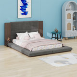 Floor Upholstered Platform Bed With Extended Wood Headboard & Bedside Shelf