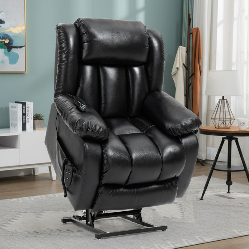 Dual Motor Power Lift Recliner With Heat And Massage Genuine Leather, Genuine Leather Black