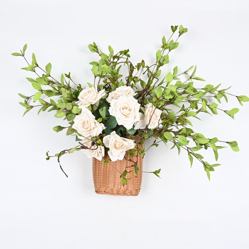 Arrangement floral de ferme artificielle avec panier pour porte d'entrée murale, Crème, crème