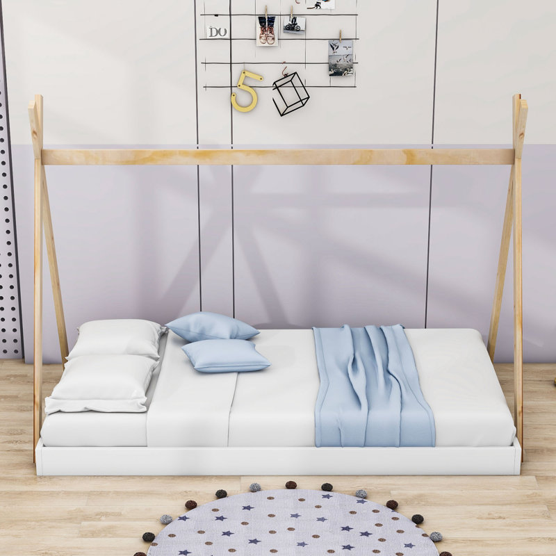 Julieta Twin Size Wood Platform Bed with Triangle Structure, White Natural