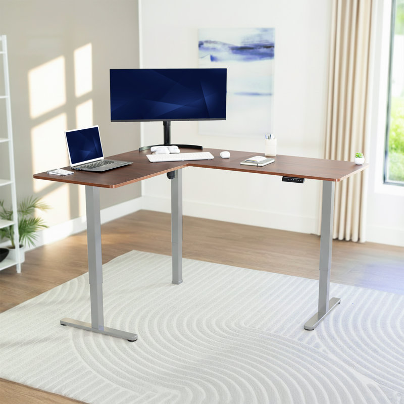 VIVO Electric Corner Desk, L-Shaped Workstation, 63" W x 55.2" D, Dark Walnut/Gray