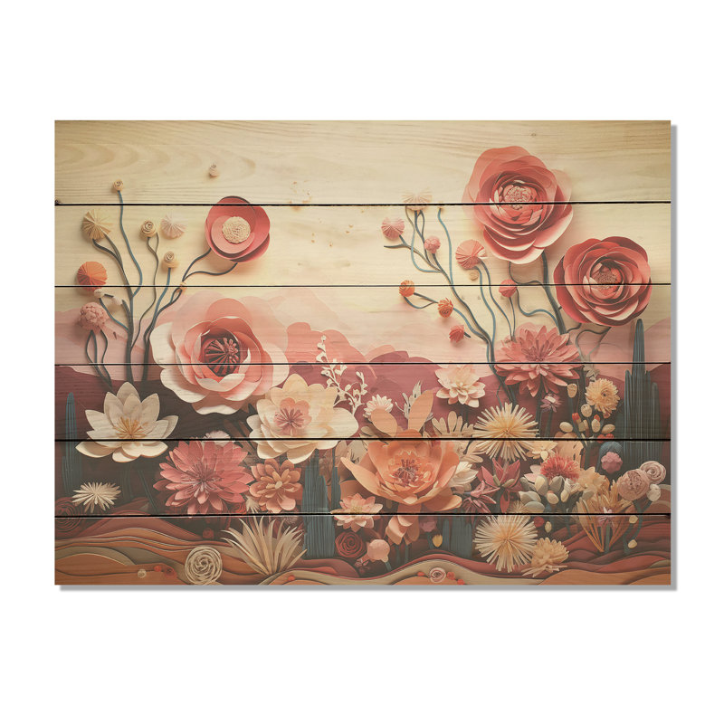 Cactus cramoisi collage - Art mural en bois de cactus sur bois de pin naturel, H 30 po x l 40 po
