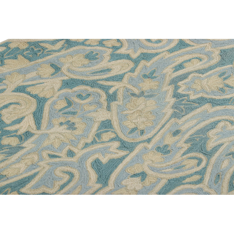 Rug & Kilim’S Contemporary Chain Stitch Rug In Blue With Cream Floral Patterns