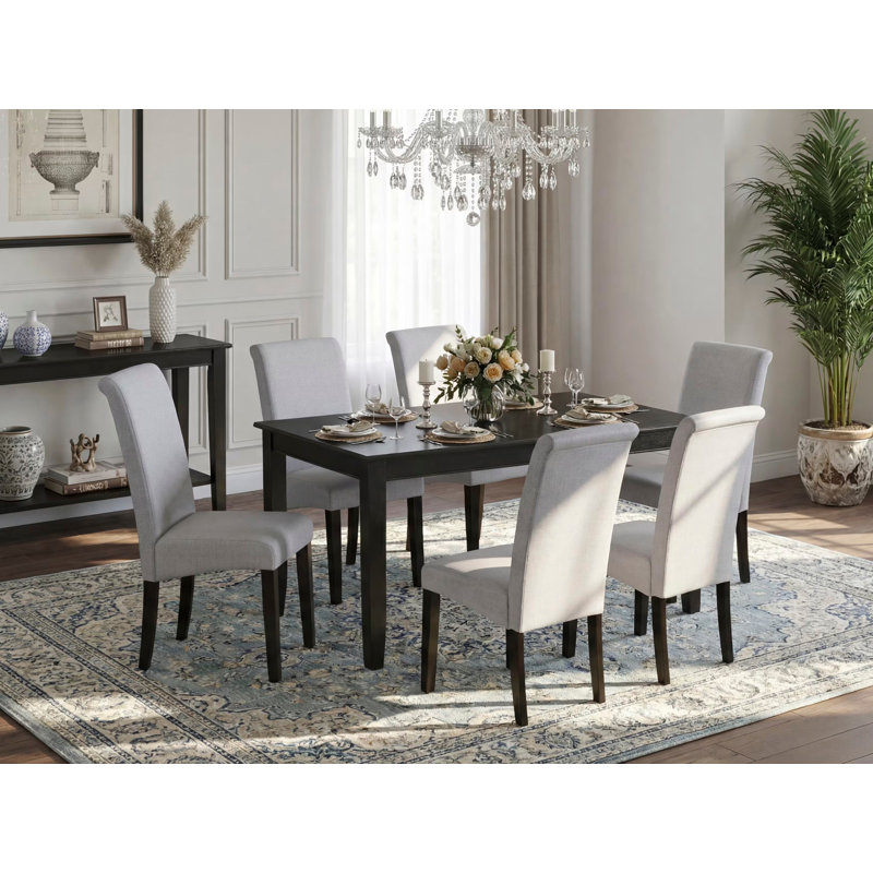 7 Piece Dining Set Consist of a Rectangle Dining Room Table and 6 Grey Linen Fabric Upholstered Parson Chairs, Black, Black