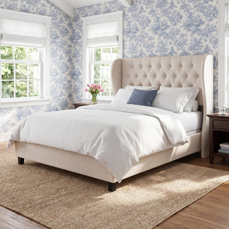Tomey Upholstered Wingback Bed, King, Classic Talc Linen
