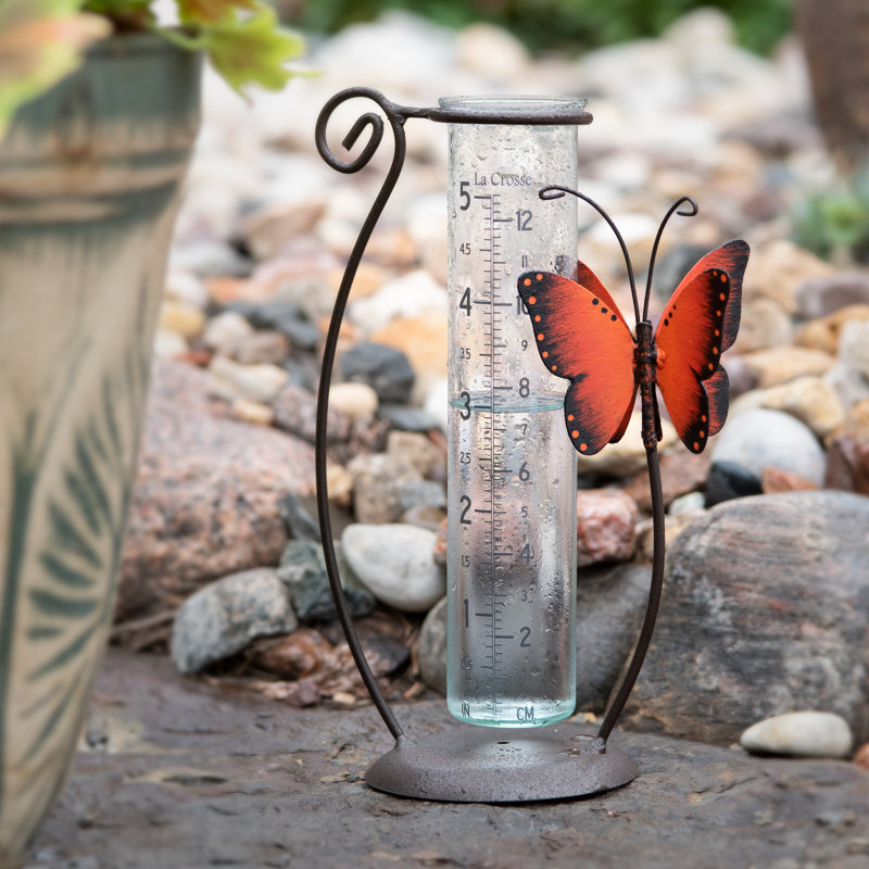La Crosse Butterfly Metal Rain Gauge with 5" Glass Tube, Orange