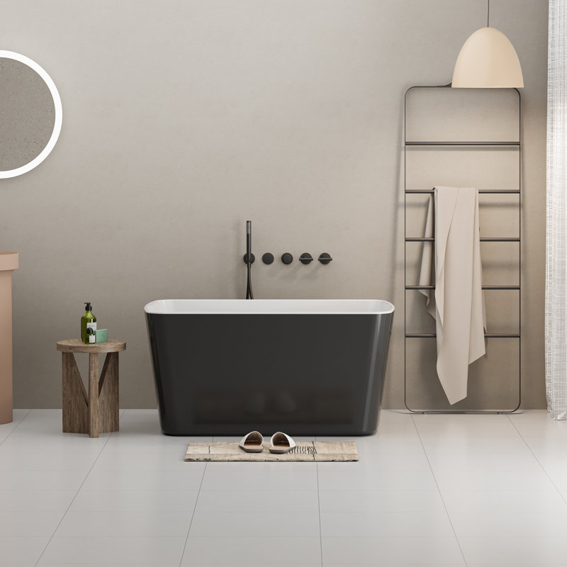 49 - Inch Square Shape Acrylic Soaking Tub, Glossy Black, Overflow And Drain, , Simple To Clean, Compact For Urban Homes Freestanding 49'' Japanese Bathtub With Black Finish, Stain Acrylic, Spacious