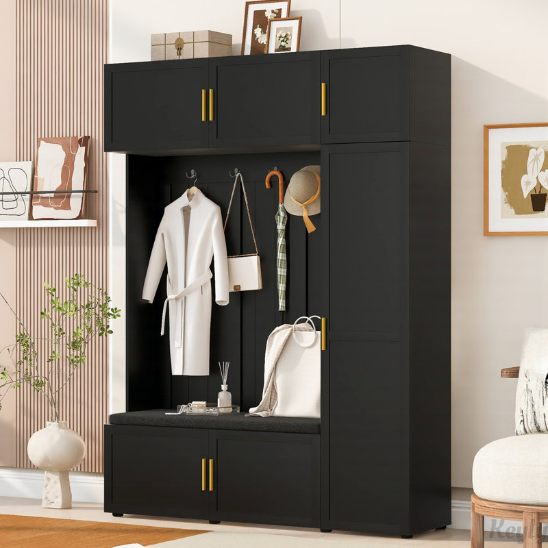 4-in-1 Hall Tree with Padded Bench, 4 Hooks, and Multi-Tier Storage Shelves, Antique Black
