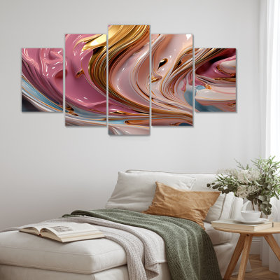 Fluent Magnificence, rose doré I - encre liquide, art mural abstrait, toile 5 pièces