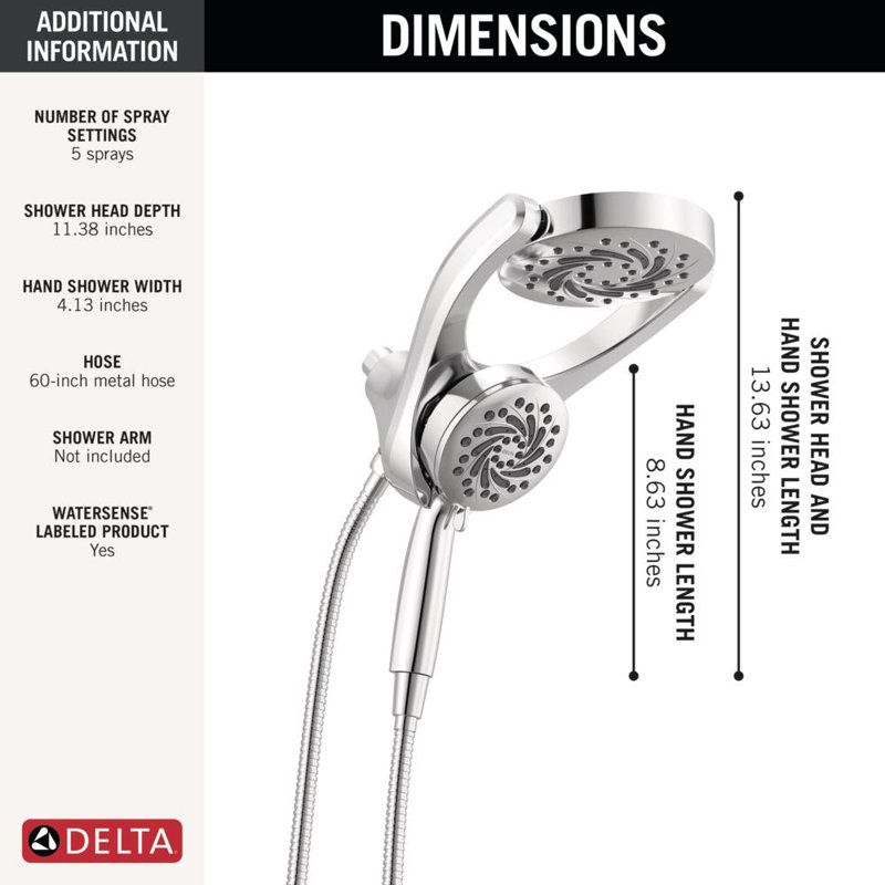 5-Setting HydroRain 2-in-1 Dual Shower Head with ProClean Spray, Chrome