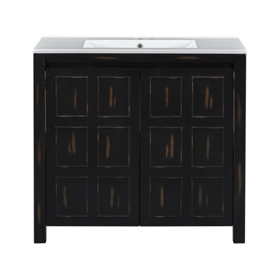 Meuble-lavabo 36 po avec lavabo en céramique fabriqué à la main, portes à fermeture douce et rangement spacieux