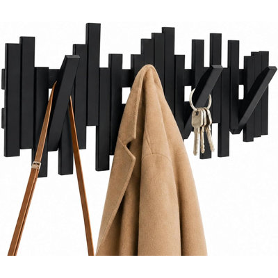 Porte-manteau mural en bambou à plusieurs crochets - Crochets décoratifs modernes et uniques, gain de place, avec 4 crochets rabattables pour suspendre manteaux et décorations de Noël, noir