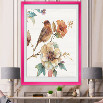 «Farmhouse Bird on Flower Branch», reproduction sur toile encadrée