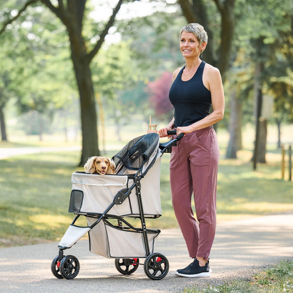 Khaki Mesh and Stainless Steel Pet Stroller with Canopy