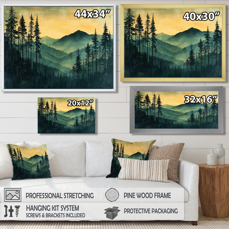 «Gheorghina Calm Mountain Silhouette In Woodlands I», art mural montagnes, H 34 po x l 44 po, Picture Framed Print, Noir