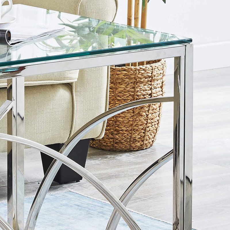 120cm Luxury Modern Tempered Glass Coffee Table with Stainless Steel Frame for Living Room, Clear/Silver