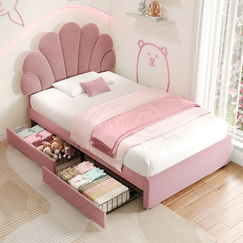 Velvet 3FT Single Petal Bed with Adjustable Headboard, 2 Storage Drawers, Solid Wood Slats, No Box Spring Needed, Easy Assembly