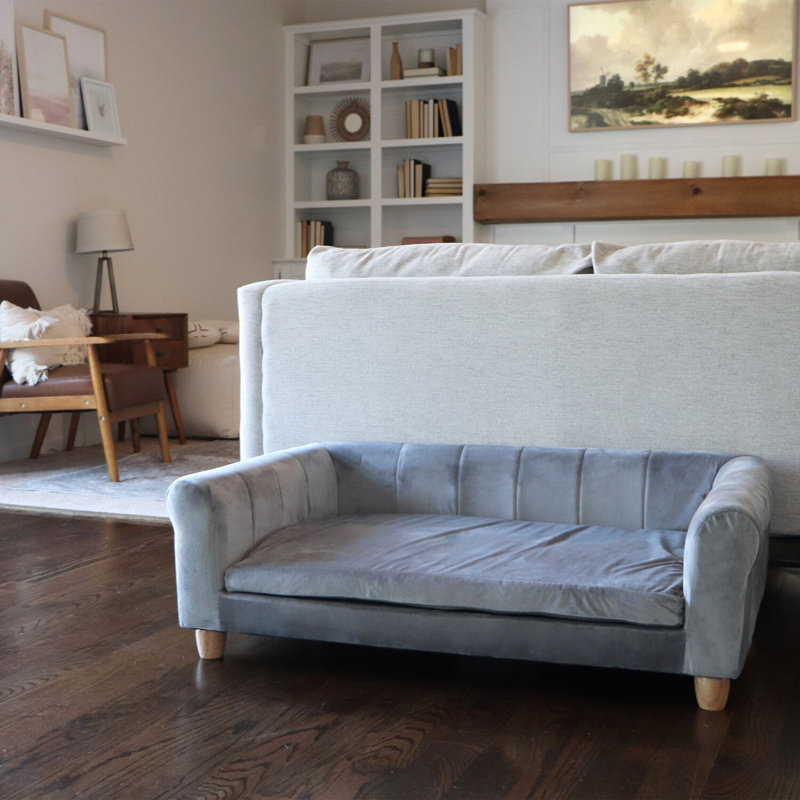Elegant Gray Faux-Velvet Elevated Dog Bed with Wood Legs