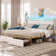 Omartin 45.4'' Bed Frame Twin Size with Armrests Headboard & RGB Light, Upholstered Twin Size Bed Platform with Drawers