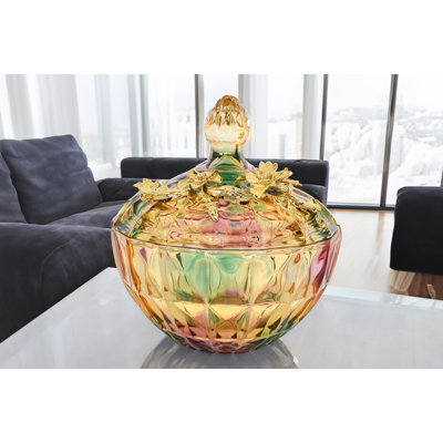 Multi Colour Cut Glass Cannister With Gold Accent