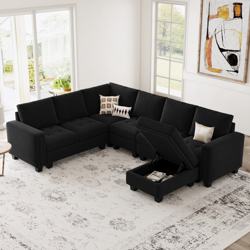Canapé modulaire en L avec canapé-lit de rangement en L 6 pièces Shavera, Velours noir