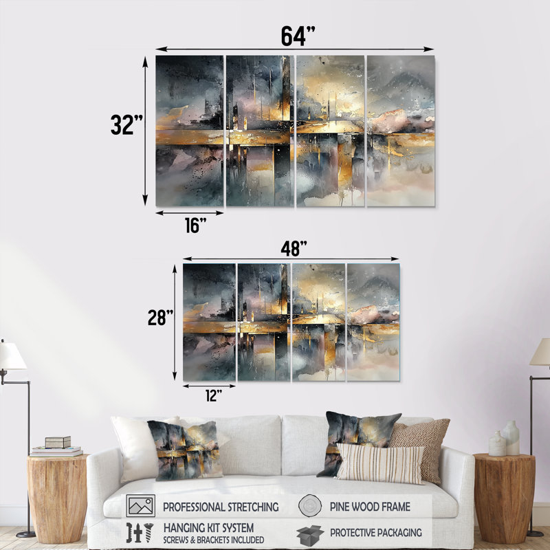 Geometric Ink Pulse II - Constructivism Wall Art - ensemble d'art mural moderne, 4, H 28 po x l 48 po