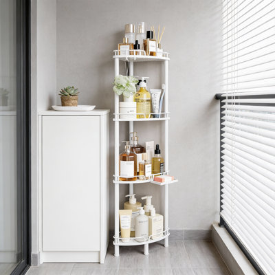 Serviteur de douche en coin à 4 niveaux avec porte-savon et pieds réglables, organisateur de douche en métal antirouille pour Callen en blanc