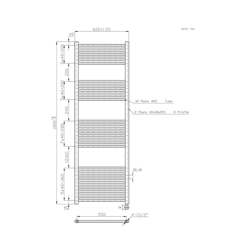 Bellamira Straight Towel Rail Heated Towel Rails, 180cm H x 60cm W x 3cm D, Anthracite