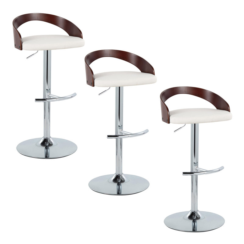 Tabouret de bar réglable avec pivot, Noyer / Chrome, Blanc / similicuir